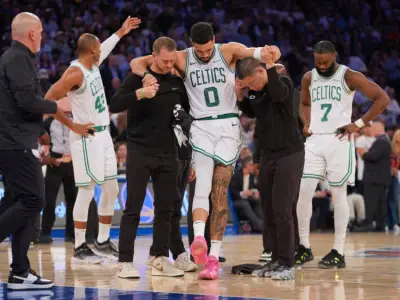 Out of the hospital after surgery, Celtics star Jayson Tatum pays teammates a visit at team hotel in New York